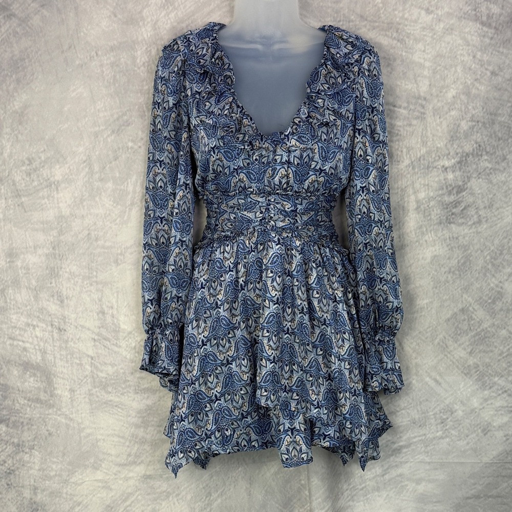 Blue Paisley Ruffle Long Sleeve Mini Dress Women's Sz M fairy flirty coquette